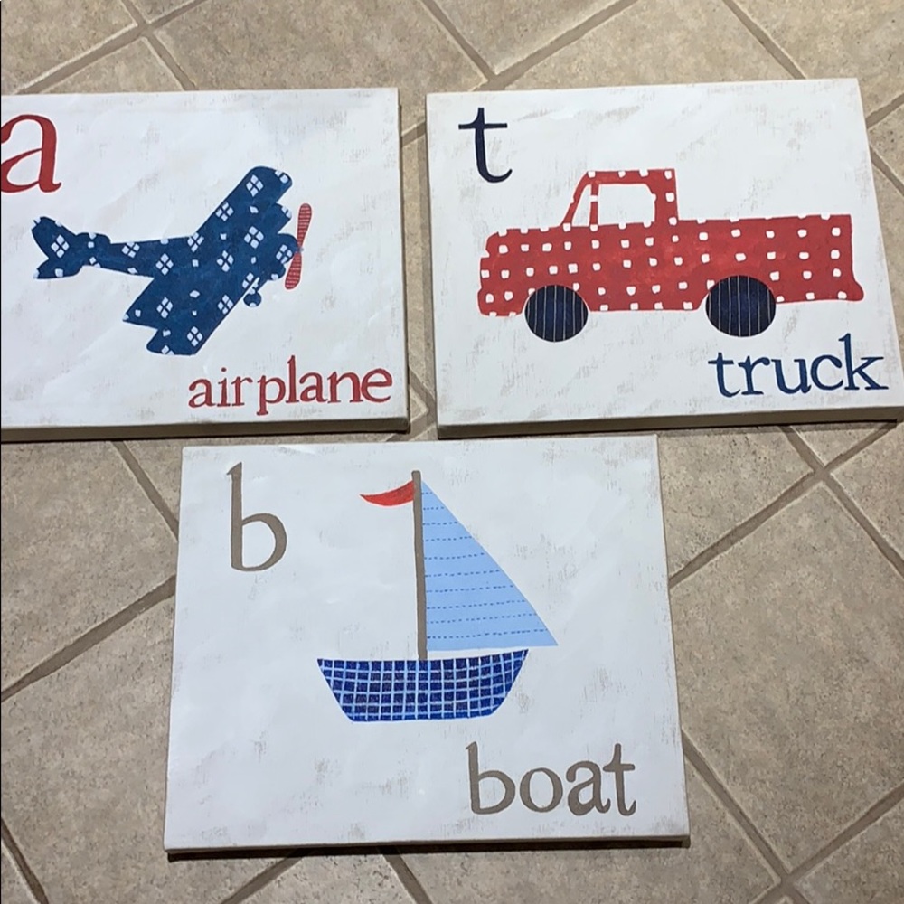 Pottery Barn Kids Red Truck Blue Airplane and Sailboat Nursery Wall Art